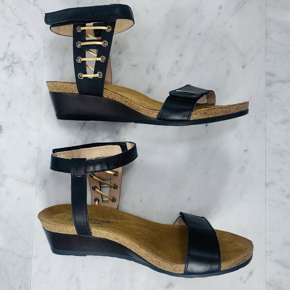 NAOT Wizard 2" Wedge Sandal Women 40 US 9 Black Raven Leather Strappy NWOB - Picture 3 of 10